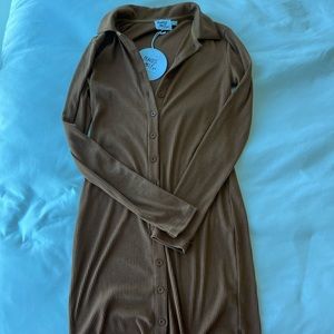 princess polly ribbed short length lone sleeve with collar dress. color brown